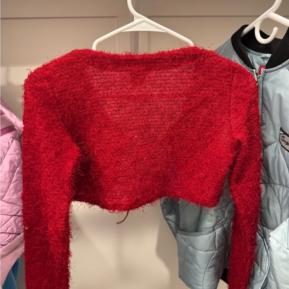 Red Fuzzy Cropped Cardigan - Picture 2 of 2